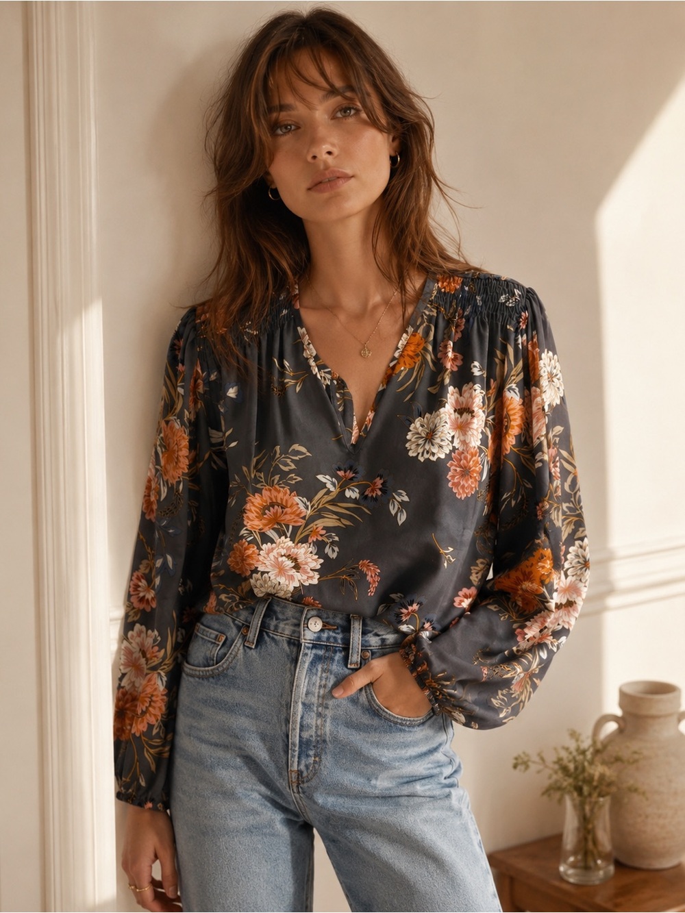 Floral Smocked Shoulder V-Neck Blouse Teal/Gray Orange. 2X